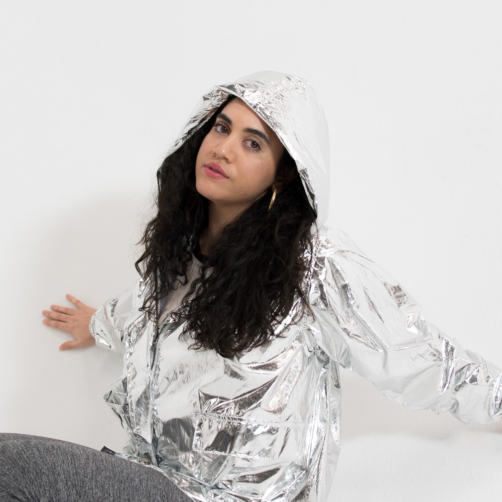 Metallic silver rain coat
